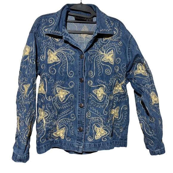 White Floral Embroidered Blue Denim Jean Jacket Size Small Boho Western Phoebe - Picture 1 of 9